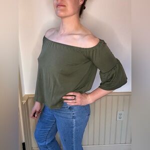 LA Hearts PacSun Women's Off The Shoulder Cute Crop Top Summer Blouse Olive Sz M